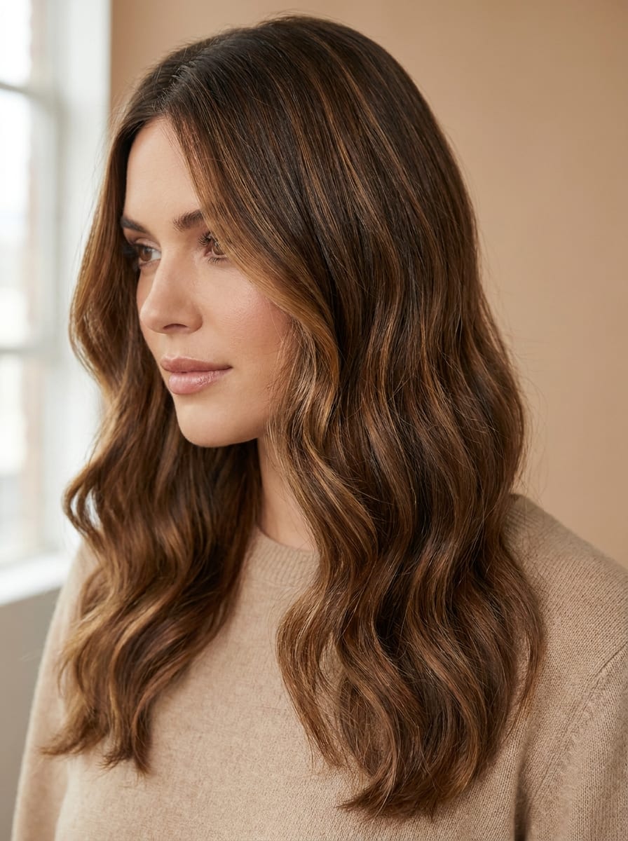 Braune Haare mit Toffee Highlights - braune Haare mit Highlights